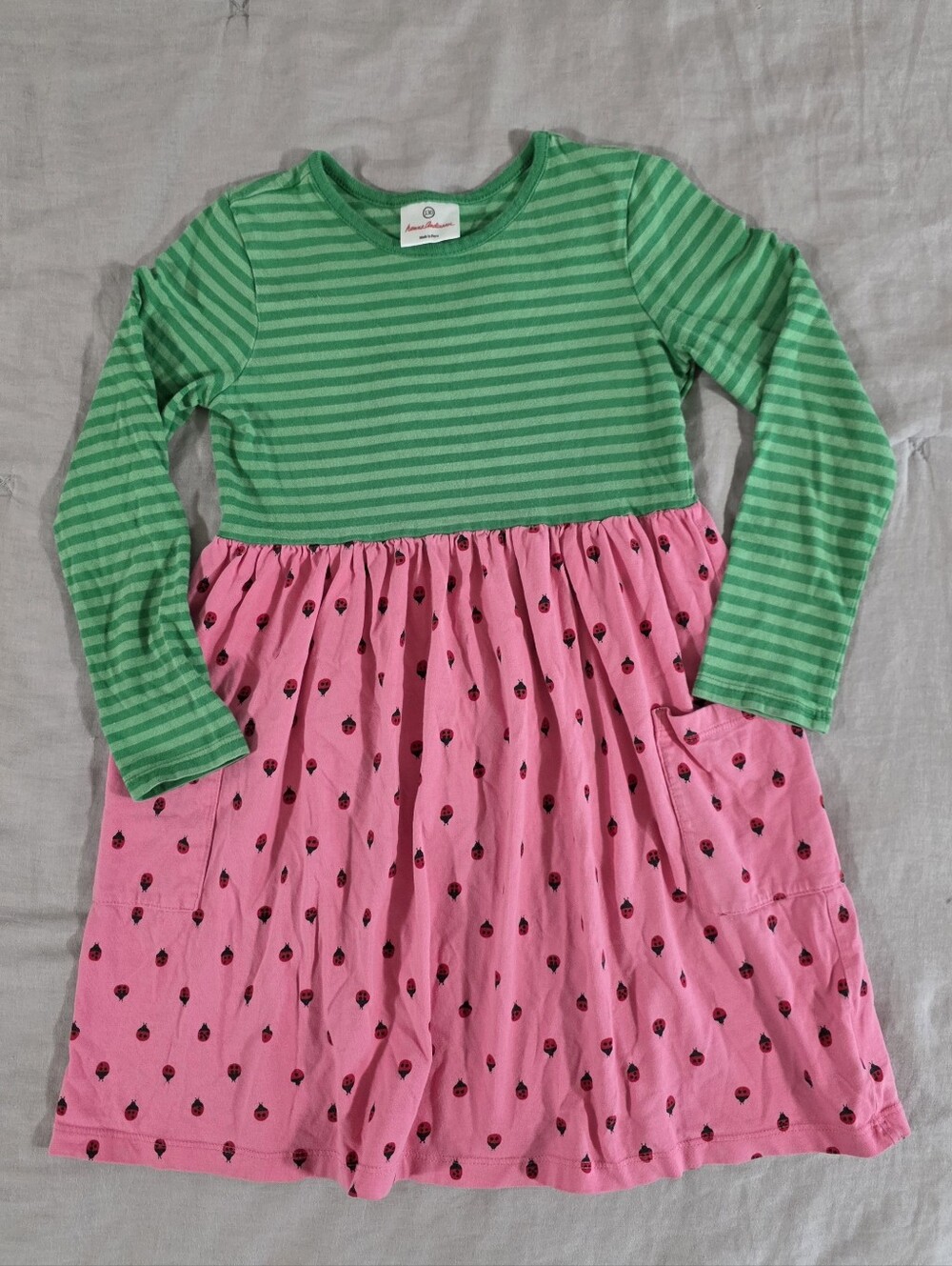 Hanna Andersson Girls Strawberry Green Striped Long Sleeve Dress Size 7
